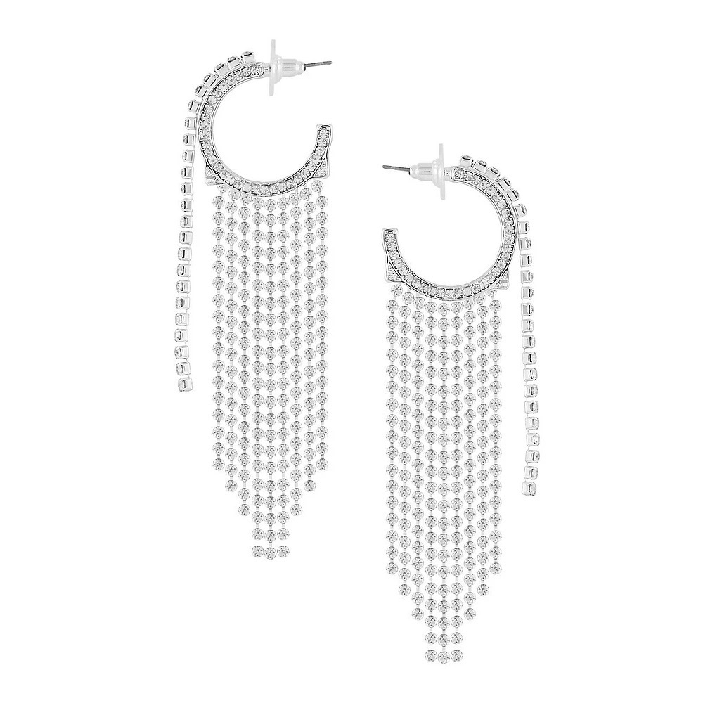 Silvertone & Crystal Cup-Chain Hoop Earrings